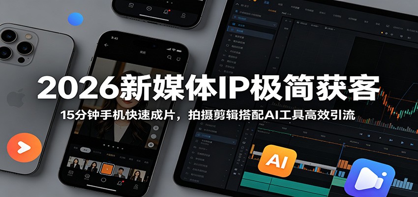 2026新媒体IP极简获客:15分钟手机快速成片,拍摄剪辑搭配AI工具高效引流-副业资源网