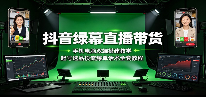 抖音绿幕直播带货：手机电脑双端搭建教学，起号选品投流爆单话术全套教程-副业资源网
