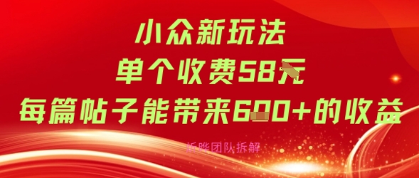 小众新玩法单个收费58米每篇帖子能带来6张+的收益-副业资源网