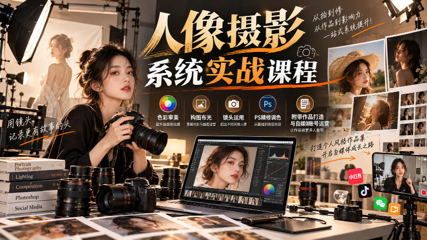 【无水印】人像摄影系统实战课程，色彩审美、构图布光、镜头运用、PS精修调色，附带作品打造与自媒体账号运营-副业资源网