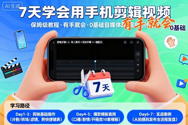 7天学会用手机剪辑视，保姆级教程，有手就会，0基础自媒体短视频创作教程-副业资源网