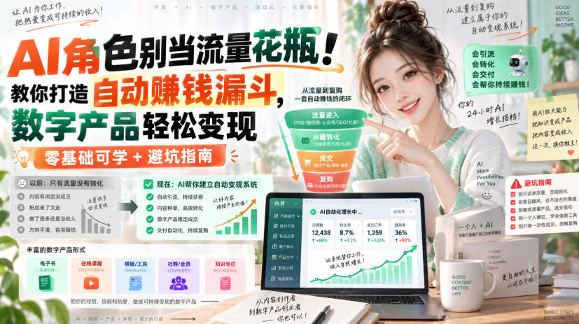 AI角色别当流量花瓶！教你打造自动賺钱漏斗，数字产品轻松变现（零基础可学+避坑指南）【原创双语字幕】-副业资源网
