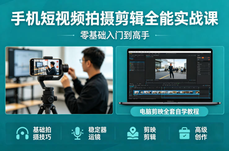 手机短视频拍摄剪辑全能实战课：零基础入门到高手，稳定器运镜+电脑剪映全套自学教程-副业资源网
