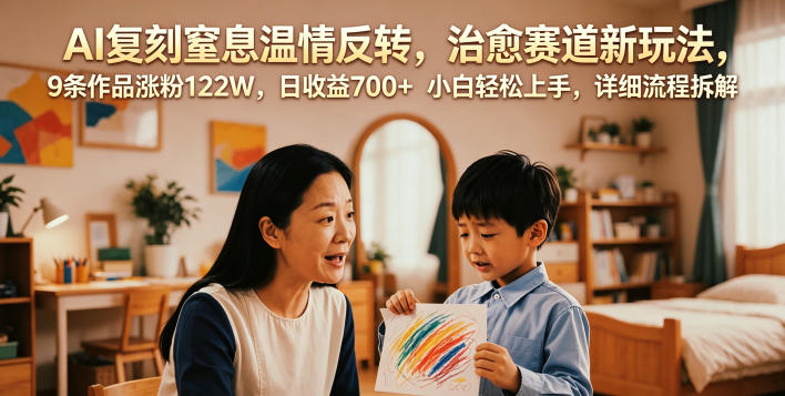 AI复刻窒息温情反转，治愈赛道新玩法，9条作品涨粉122W，日收益700+ 小白轻松上手，详细流程拆解-副业资源网