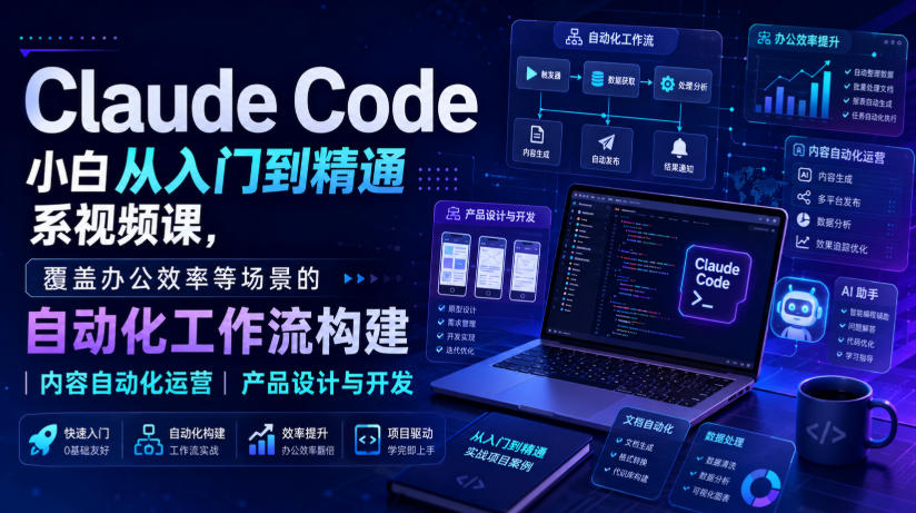 Claude Code小白从入门到精通系视频课,覆盖办公效率等场景的自动化工作流构建|内容自动化运营|产品设计与开发-副业资源网
