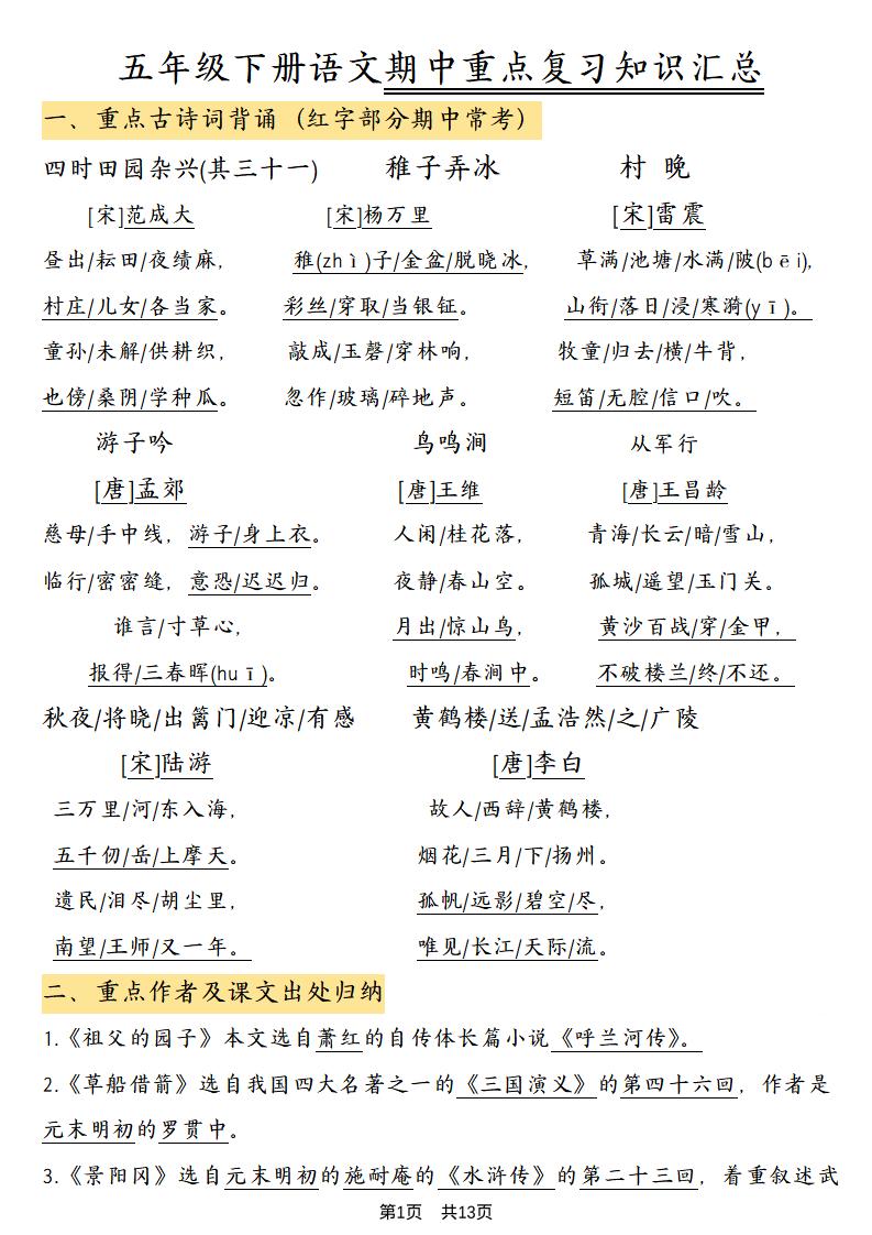 五年级下语文期中重点复习知识汇总-副业资源网