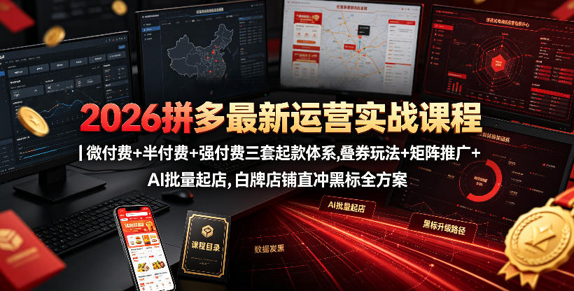 2026拼多多最新运营实战课程｜微付费+半付费+强付费三套起款体系，叠券玩法+矩阵推广+AI批量起店，白牌店铺直冲黑标全方案-副业资源网