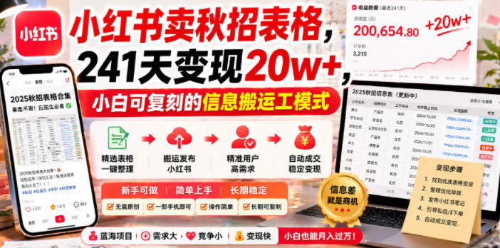 小红书卖秋招表格，241天变现20w+，小白可复刻的信息搬运工模式-副业资源网