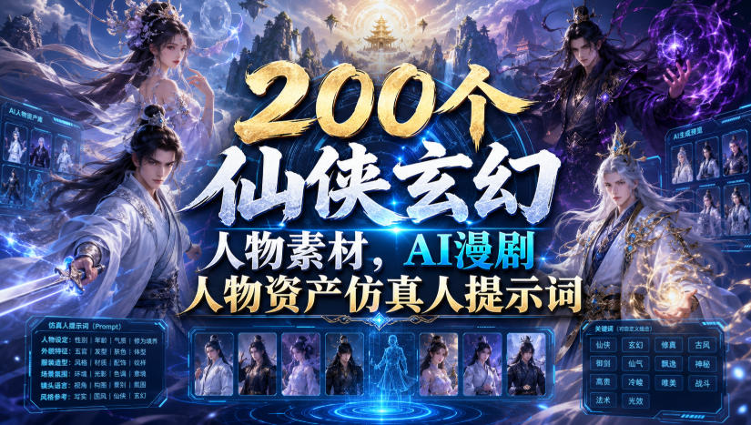 200个仙侠玄幻人物素材，AI漫剧人物资产仿真人提示词-副业资源网