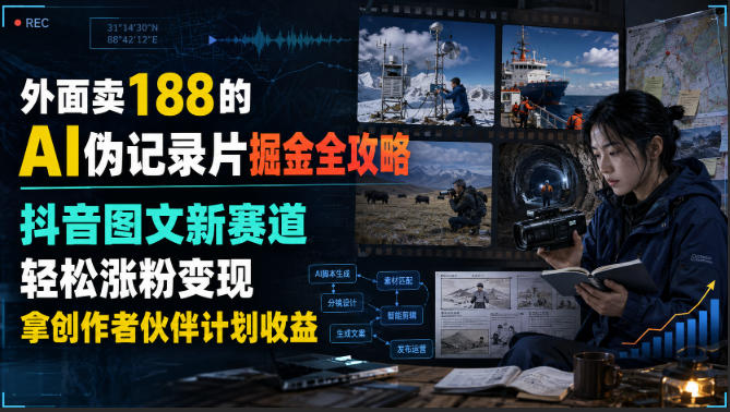 外面卖188的AI伪记录片掘金全攻略,抖音图文新赛道,轻松涨粉变现,拿创作者伙伴计划收益【文档】-副业资源网