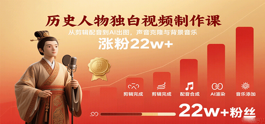 历史人物独白视频制作课，从剪辑配音到AI出图，声音克隆与背景音乐，涨粉22w+-副业资源网