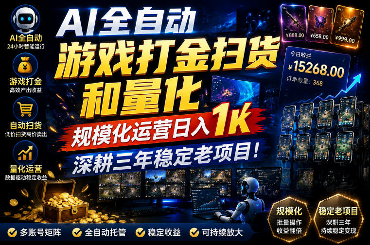 AI全自动游戏打金扫货和量化,规模化运营日入1k,深耕三年稳定老项目!【揭秘】-副业资源网