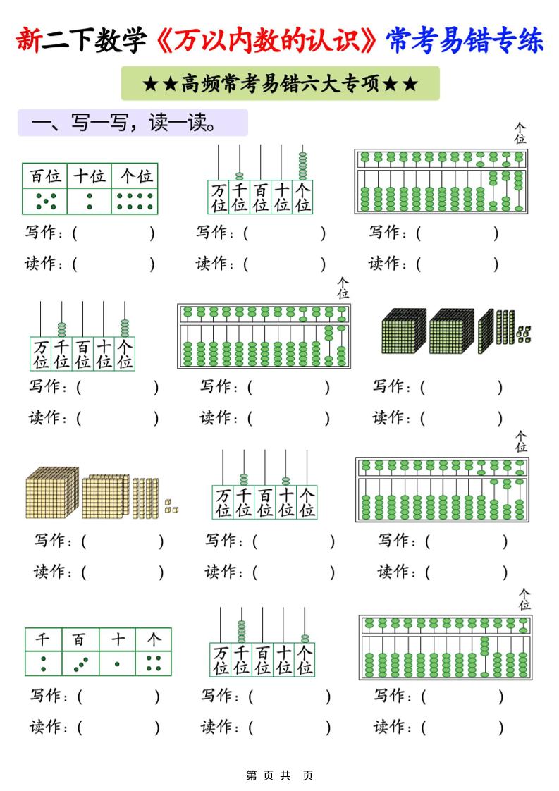 26春二年级下数学《万以内数的认识》常考易错专项练习-副业资源网