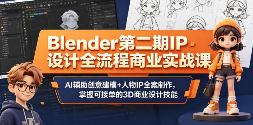 Blender第二期IP设计全流程商业实战课,AI辅助创意建模+人物IP全案制作,掌握可接单的3D商业设计技能-副业资源网