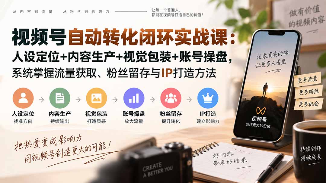 视频号自动转化闭环实战课：人设定位+内容生产+视觉包装+账号操盘，系统掌握流量获取、粉丝留存与IP打造方法-副业资源网