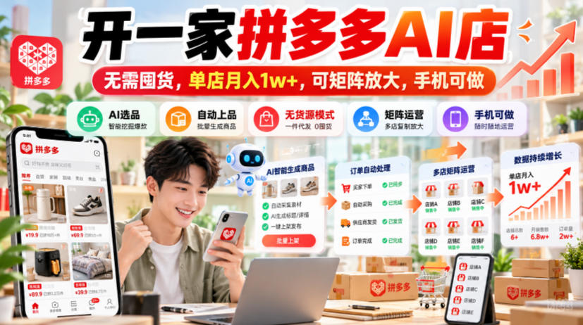 开一家拼多多AI店，无需囤货，单店月入1w+，可矩阵放大，手机可做【揭秘】-副业资源网