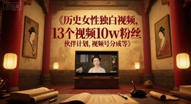 历史女性独白视频，13个视频10w粉丝，伙伴计划，视频号分成等-副业资源网
