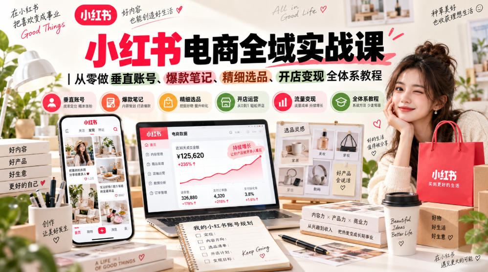 小红书电商全域实战课｜从零做垂直账号、爆款笔记、精细选品、开店变现全体系教程-副业资源网