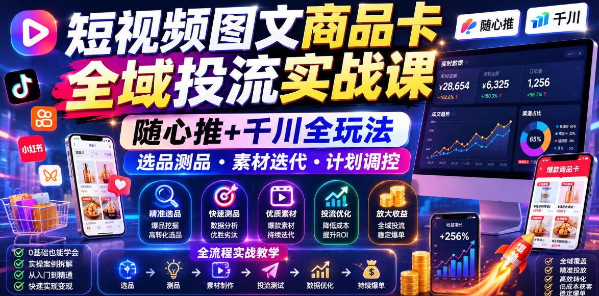 短视频图文商品卡全域投流实战课，随心推+千川全玩法，选品测品・素材迭代・计划调控，提升ROI爆单增收教程-副业资源网