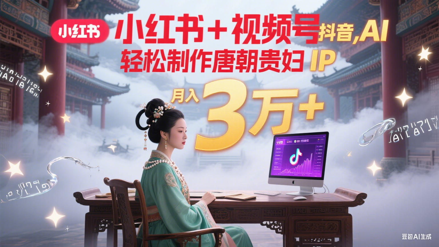 小红书+视频号+抖音，AI轻松制作唐朝贵妇IP，毒鸡汤、励志、减肥瘦身、养生赛道轻松切入，每天30分钟，轻松产出N条，月入3万+-副业资源网