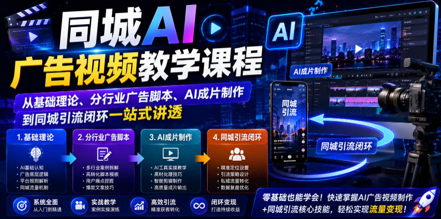 同城AI广告视频教学课程，从基础理论、分行业广告脚本、AI成片制作到同城引流闭环一站式讲透-副业资源网