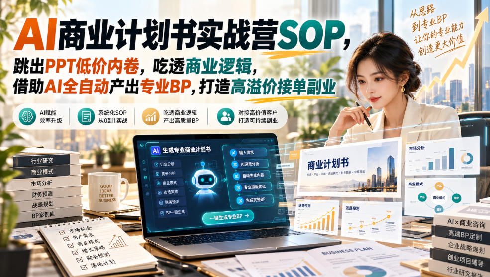 AI商业计划书实战营SOP，跳出PPT低价内卷，吃透商业逻辑，借助AI全自动产出专业BP，打造高溢价接单副业-副业资源网