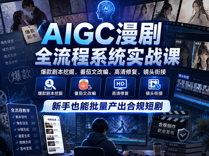 AIGC漫剧全流程系统实战课,爆款剧本挖掘、番茄文改编、高清修复、镜头衔接,新手也能批量产出合规短剧-副业资源网