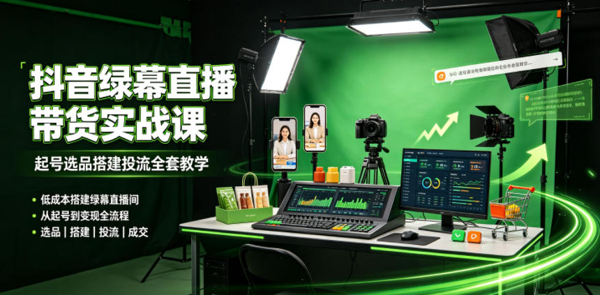 某社群抖音绿幕直播带货实战课，起号选品搭建投流全套教学，低成本搭建绿幕直播间-副业资源网