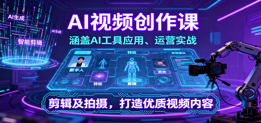AI视频创作课，涵盖AI工具应用、运营实战、剪辑及拍摄，打造优质视频内容-副业资源网