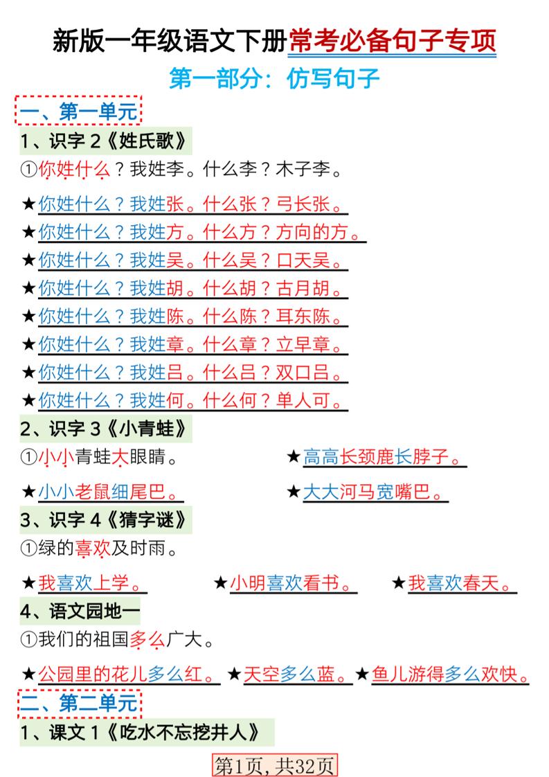 一年级下语文常考必备句子专项练习-副业资源网