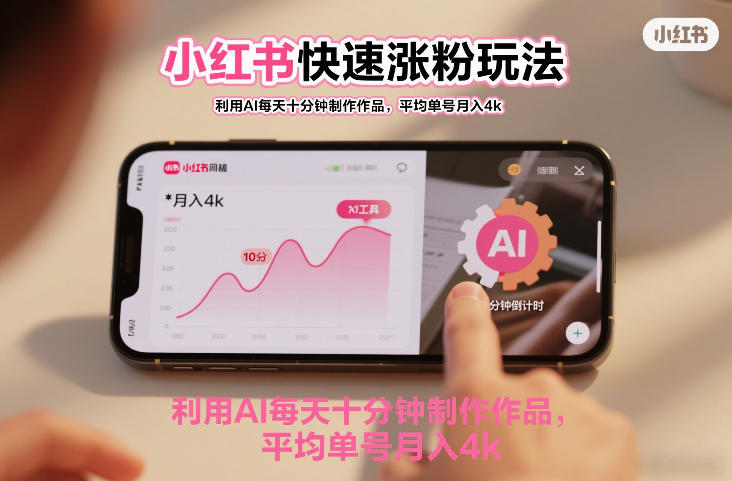 小红书快速涨粉玩法，利用AI每天十分钟制作作品，平均单号月入4k-副业资源网