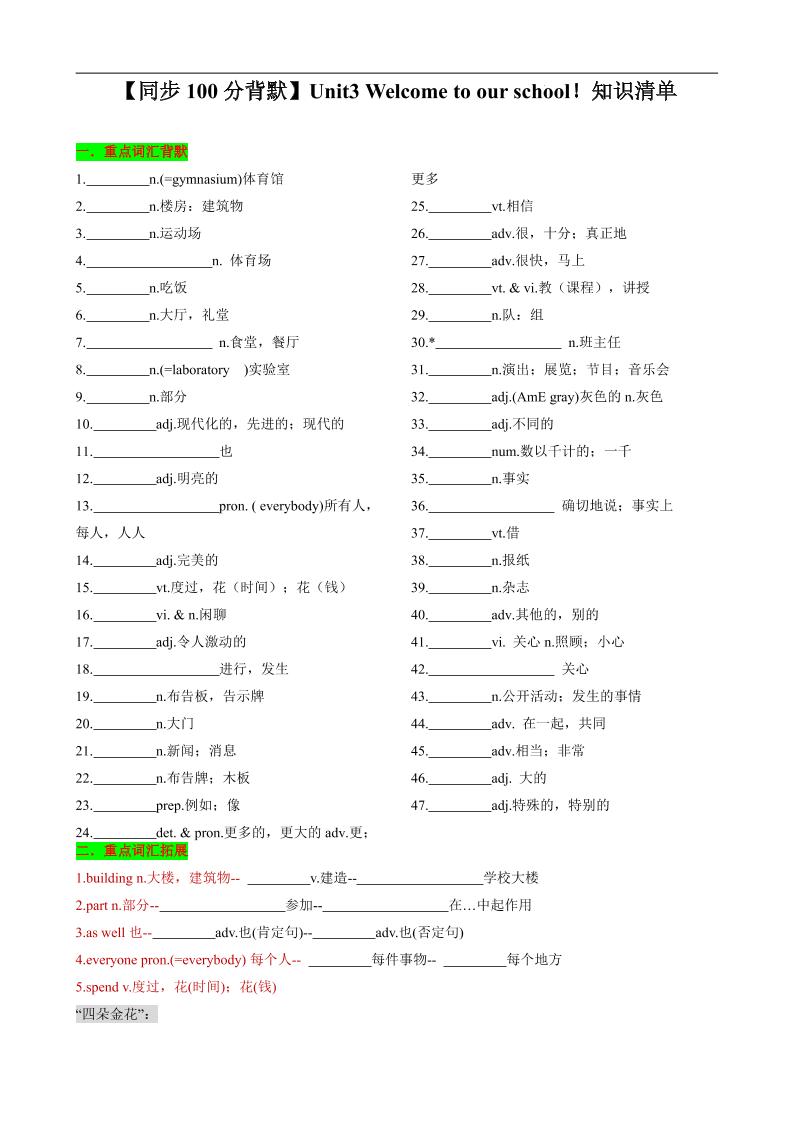 七年级上英语Unit3知识清单背默-副业资源网