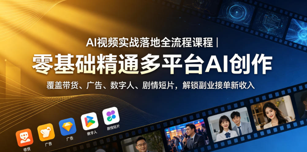 AI视频实战落地全流程课程｜零基础精通多平台AI创作，覆盖带货、广告、数字人、剧情短片，解锁副业接单新收入-副业资源网