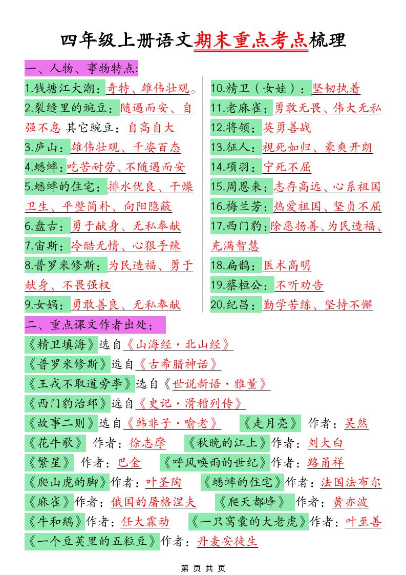 四年级上语文期末重点考点梳理-副业资源网