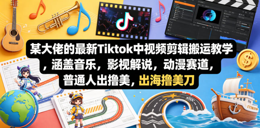 某大佬的最新Tiktok中视频剪辑搬运教学，涵盖音乐，影视解说，动漫赛道，普通人出海撸美刀-副业资源网