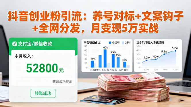 抖音创业粉引流：养号对标+文案钩子+全网分发，月变现5万实战-副业资源网