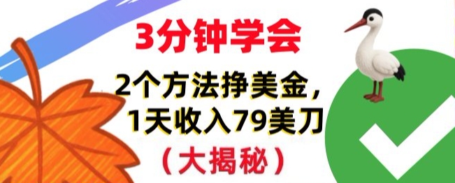 免费挣美刀的2个方法，1天收入79刀，超简单，3分钟学会-副业资源网