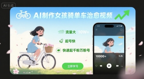 AI制作女孩骑单车治愈视频，流量大，起号快，快速起千粉万粉号-副业资源网