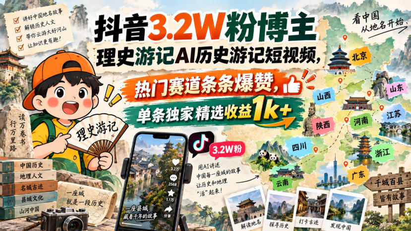 抖音3.2W粉博主理史游记AI历史游记短视频教学，热门赛道条条爆赞，单条独家精选收益1k+-副业资源网