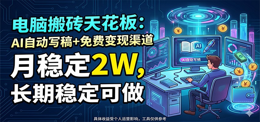 电脑搬砖天花板：AI自动写稿+免费变现渠道，月稳定2W，长期稳定可做-副业资源网