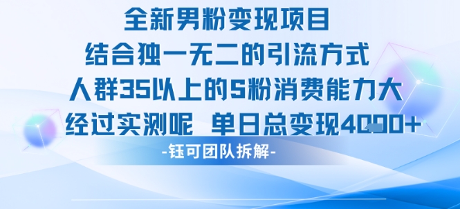 全新男粉变现项目引流人群35以上的男粉消费能力大 经过实测单日变现1k+-副业资源网