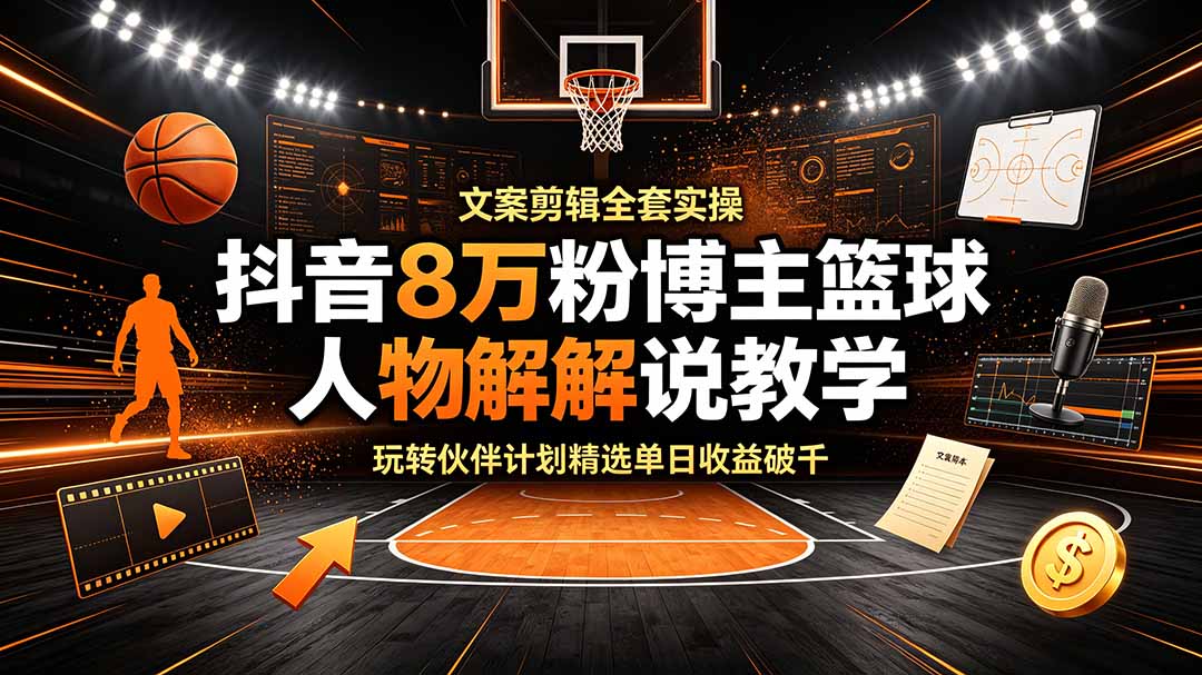抖音8万粉博主篮球人物解说教学，文案剪辑全套实操，玩转伙伴计划精选单日收益破千-副业资源网