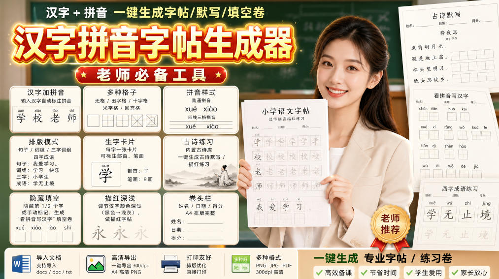 学习神器，汉字拼音字帖生成器，汉字+拼音 一键生成字帖/默写/填空卷，支持词组、成语，老师、家长必备-副业资源网