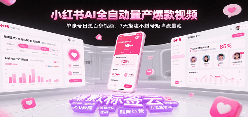 小红书AI全自动量产爆款视频，单账号日更百条视频，7天搭建不封号矩阵流量池-副业资源网