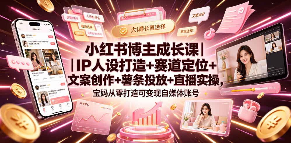 小红书博主成长课｜IP人设打造+赛道定位+文案创作+薯条投放+直播实操，宝妈从零打造可变现自媒体账号-副业资源网