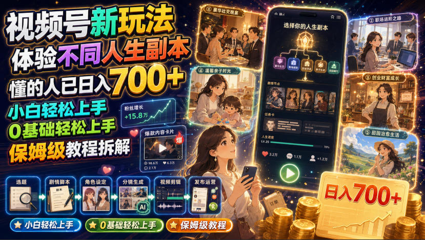 视频号新玩法体验不同人生副本,懂的人已日入700+,小白轻松上手,0基础轻松上手,保姆级教程拆解-副业资源网