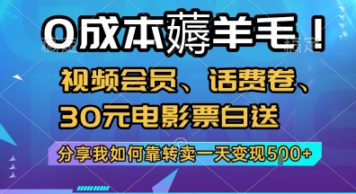 0成本薅羊毛!视频会员、话费卷、30元电影票白送，分享我如何靠转卖一天变现5张+【揭秘】-副业资源网