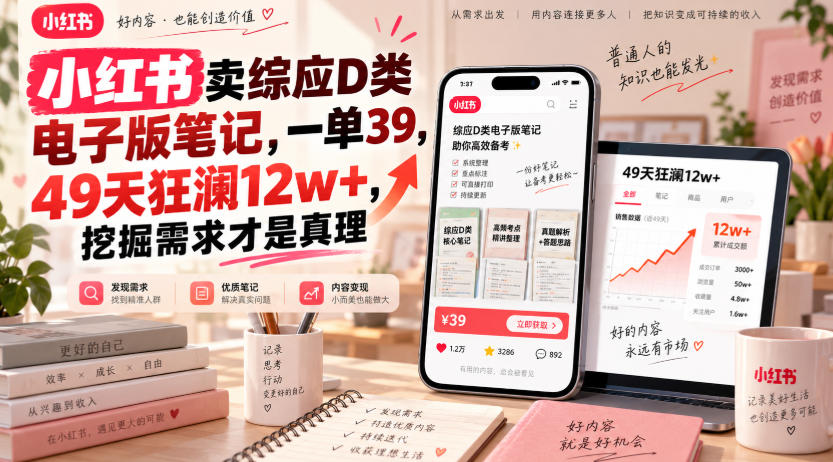 小红书卖综应D类电子版笔记，一单39，49天狂澜12w+，挖掘需求才是真理-副业资源网