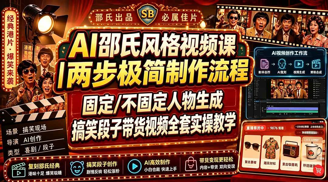 (19602期)AI邵氏风格视频课|两步极简制作流程,固定/不固定人物生成,搞笑段子带货视频全套实操教学-副业资源网