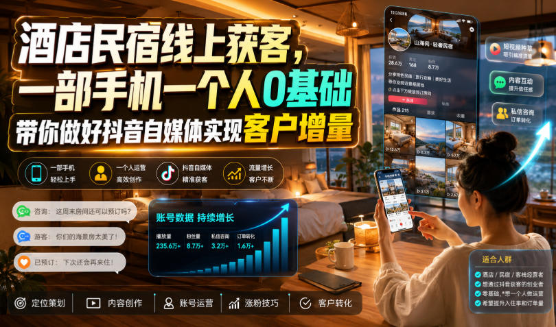 酒店民宿线上获客，一部手机一个人0基础带你做好抖音自媒体实现客户增量-副业资源网